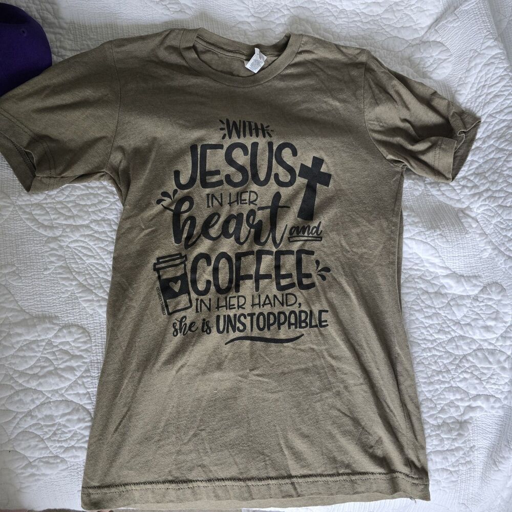 eternal light co. Women TShirt S green Jesus Coffee Graphic Cotton Jersey Casual